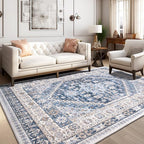 zesthome 8x10 Area Rugs for Living Room,Non-Slip Backing Washable Rugs,Vintage Large Area Rug,Stain Resistant Home Decor Rug (Blue/Beige,8'x10')