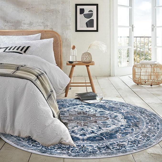 KOZYFLY Round Rug 6 Ft Rugs for Entryway Washable Circle Rug Non Slip Round Living Room Rugs Printed Faux Wool Vintage Round Dining Room Floor Carpet for Living Room, Entryway, Bedroom, Blue