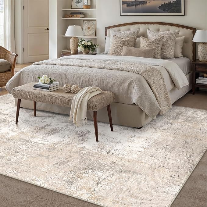 9x12 Area Rug Beige Grey Abstract Living Room Bedroom Washable Carpet Neutral Modern Non Slip Soft Low Pile Indoor Large Throw Rug for Dining Room Office