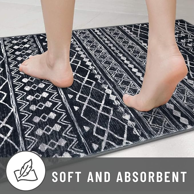 KUTA Moroccan Washable Hallway Runner Rug, 2x6 Non-Slip Vintage Black Boho Rugs Kitchen Runners Ultra Soft Distressed Geometric Floor Carpet for Bedroom Laundry Living Room