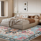 WILLSUN Washable Area Rugs, 8x10 Non-Slip Boho Large Area Rugs for Living Room, Bedroom, Machine Washable Vintage Rug, Indoor Floral Print Carpet for Home Decor, Kid & Pet Friendly Mat