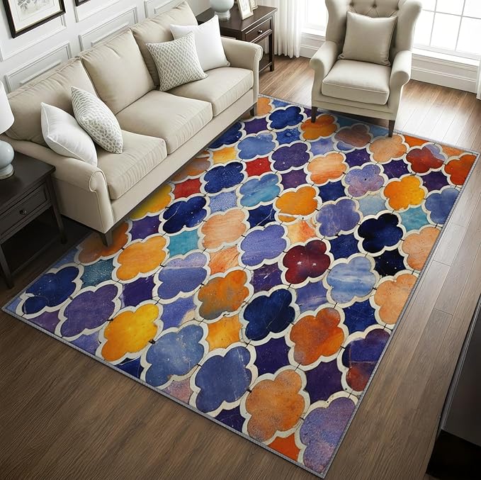 Moroccan Rugs for Living Room -Moroccan Trellis Rug, 3x5 ft, Colorful Geometric Area Rug, Oriental Tile Washable Non-Slip Rugs for Entryway, Traditional Patchwork Home Decor & Gifts
