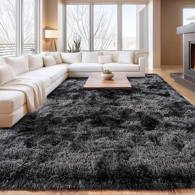 Fluffy Carpet for Living Room, Furry Carpet for Teen, Shaggy Rug for Nursery Room, Black Grey Fuzzy Plush Rug for Dorm 6x9 Feet