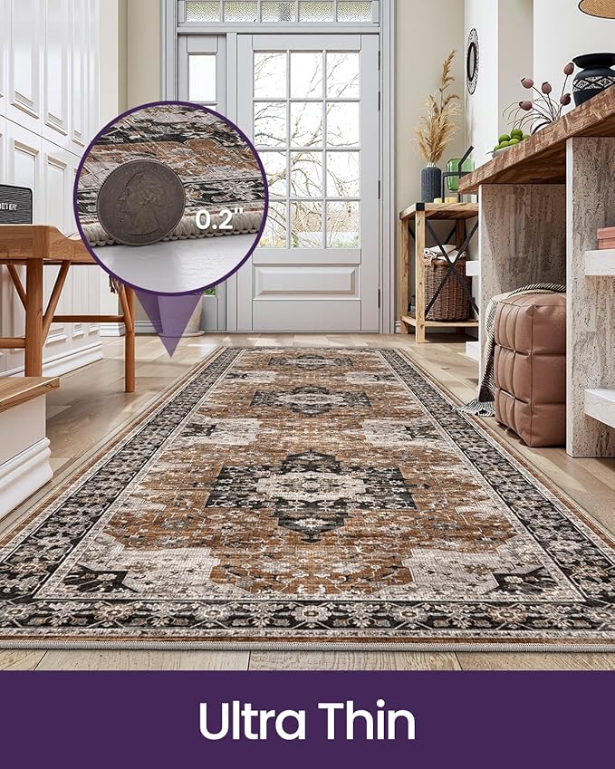 DEXI Hallway Runner Rug 3x7, Distressed Non Slip Runners Carpet, Boho Vintage Soft Thin Indoor Rug, Stain Resistant Washable Entry Mat for Entryway Kitchen Laundry Room Living Room, Brown