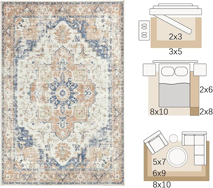 jinchan Kelda Area Rug 2x3 Entryway Rug Washable Doormat Vintage Retro Indoor Distressed Door Mat Accent Floor Cover Lightweight Non Slip Low Pile Carpet for Bathroom Living Room Bedroom Orange