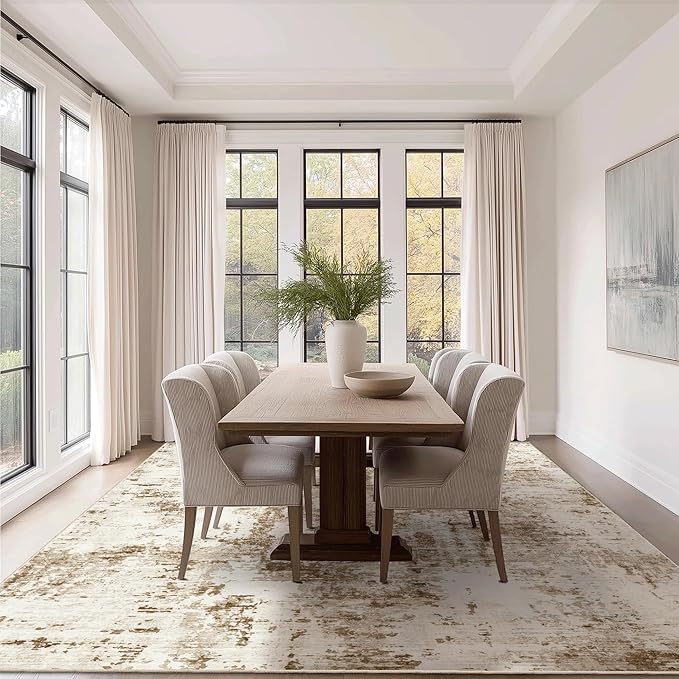 FMFUNCTEX 6x9 Washable Area Rug Brown Beige Neutral Abstract Modern Large Non Slip Carpet for Living Room Bedroom Soft Low Pile Indoor Mat Contemporary Throw Rug for Dining Kitchen Office Nursery