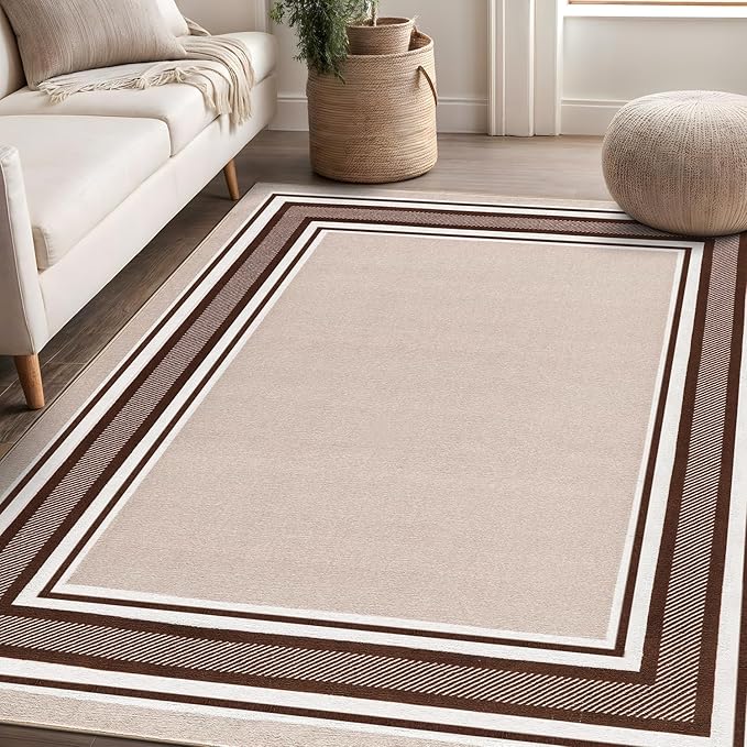 Beverly Rug Non Slip Area Rugs 8x10 Modern Bordered Non Skid Rubber Backing Soft Area Rug for Living Dining Room Easy to Clean Non Shedding Kitchen Bedroom Indoor Carpet 8 x 10 Beige-Brown