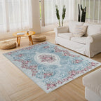 Easy-Going Area Rug 5x7 Washable Floral Rugs for Living Room Non-Slip Bedroom Rug Low Pile Lightweight Retro Flowers Throw Rug for Dining Room Kitchen Home Office Carpet, Teal Red