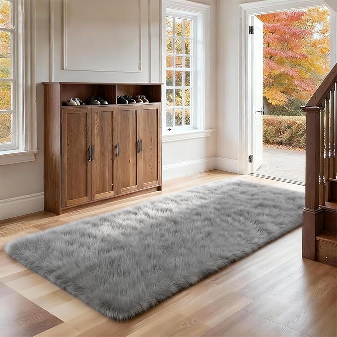 2x6 Solid Fluffy Grey Area Rug – Washable, Durable, Small Bedroom Runner Rug, Non-Slip Shag Rugs for Hallway, Living Room, Bedroom, Bedside, Dorms, Kids Room, Nursery Rooms, Soft Indoor Carpet