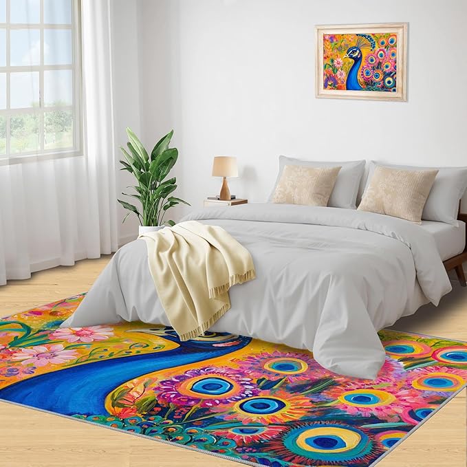 Peacock Rugs for Living Room - 4x6 Rug, Boho Floral Botanical Area Rugs for Bedroom, Wonderful Peacock Rug, Peafowl Washable Carpet, Floral Animal Carpet - Peafowl Home Decor & Gifts