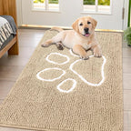 Smiry Dog Door Mat for Muddy Paws, Absorbent Dirt Trapper Non Slip Quick Dry Washable Chenille Mat for Mud Dogs, Entry Rug for Indoor and Outdoor (47x32 Inches, Beige and White)