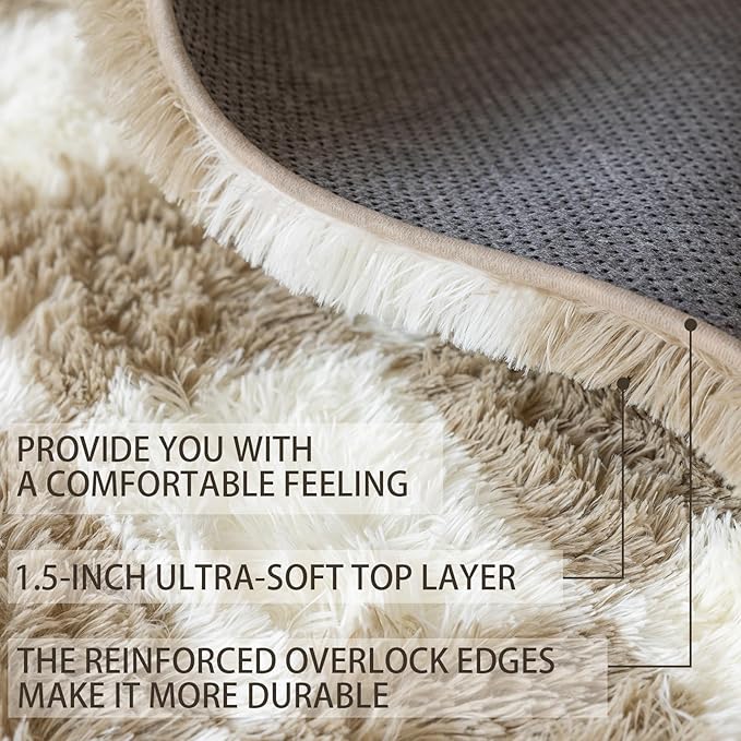 5x7 Area Rugs for Living Room Bedroom, Soft Fluffy Shaggy Bedside Rug, Indoor Floor Carpet for Kids Playroom, Dorms, Nursery Rooms, Home Decor (Camel & White 5'x7')