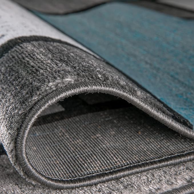 Rugshop Modern Geometric Boxes Blue Area Rug, Carpet with Jute Backing for Entryway, Kitchen, or Narrow Hall, 2' x 10'