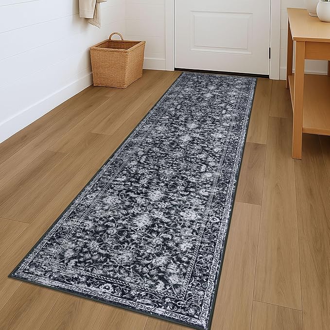 KILOCOCO Hallway Runner 2x7 Rug Runner Printed Vintage Floral Washable Kitchen Runners Non-slip Rubber Backed Runners for Hallways Distressed Thin Soft Rugs for Entryway Laundry Room, Black/Navy/White