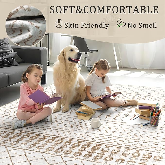 2x3 Machine Washable Area Rug for Entryway, Brown White Vintage Moroccan Rug Non-Slip Low Pile Soft Faux Wool Small Carpet, Kids and Pets Friendly for Bedroom Kitchen Hallway Home Decor Rug