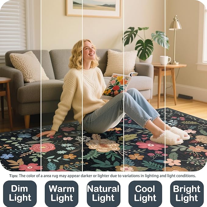 9x12 Area Rug, Floral Rugs for Living Room, Stain-Resistant Washable Bedroom Rug, Non-Slip Area Rugs for Dining Room Under Table, Indoor Carpet for Home Office (9 x 12 Black)