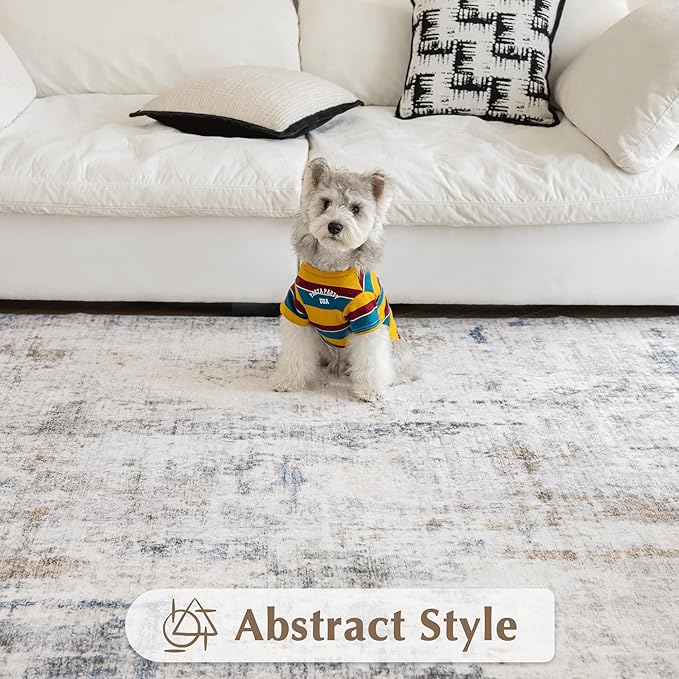 FMFUNCTEX 4x6 Washable Area Rug Brown Blue Abstract Modern Neutral Non Slip Low Pile Indoor Carpet Soft Throw Rug for Entryway Entrance Living Room Bedroom Dining Office Nursery Entry Kitchen Laundry