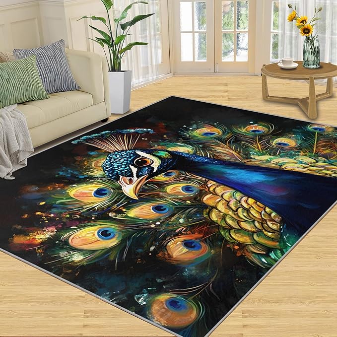 Peacock Rugs for Bedroom - 6x9 Area Rug - 3D Peacock Rugs for Living Room, Abstract Watercolor Animal Rug, Non-Slip Washable Home Decor Carpet