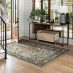 4x6 Machine Washable Area Rug for Living Room, Blue Beige Boho Vintage Floral Rug Large Non-Slip Low Pile Soft Faux Wool Carpet, Kids and Pets Friendly for Bedroom Dining Room Farmhouse Decor Rug