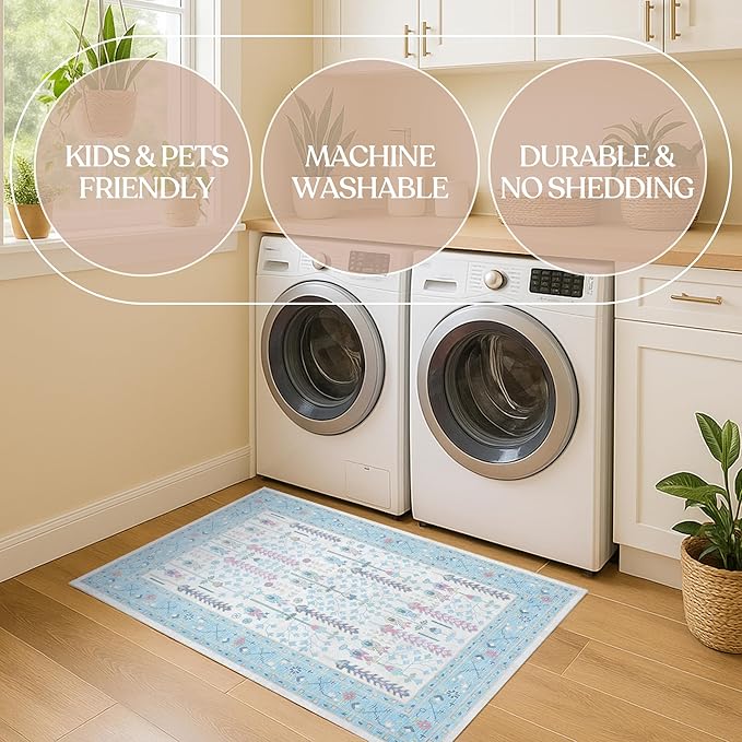 Fame Living Cream Blue Oushak Rug, Modern Rugs, Vintage, Turkish, Eclectic, Floral, Pastel, Washable, Small Throw, Accent Area Rug for Living Room, Bedroom, Kitchen, Bathroom, 2'5"x4'9