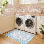 Fame Living Cream Blue Oushak Runner Rug, Modern Runners, Turkish, Eclectic, Pastel, Washable, Small Rugs, Short Runner for Hallway, Entryway, Laundry, Foyer, Bedroom, Kitchen, Bathroom, 2'5"x6'5"