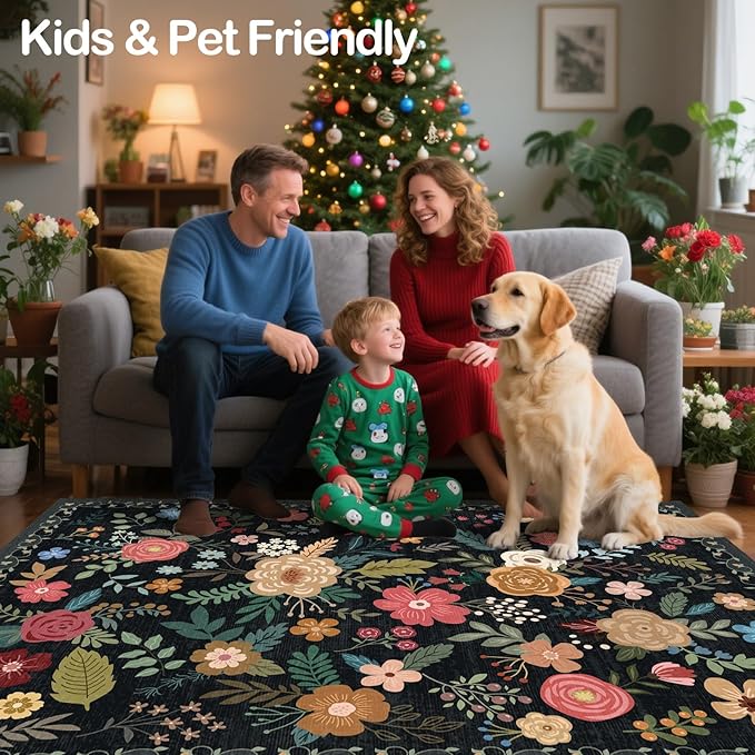 9x12 Area Rug, Floral Rugs for Living Room, Stain-Resistant Washable Bedroom Rug, Non-Slip Area Rugs for Dining Room Under Table, Indoor Carpet for Home Office (9 x 12 Black)