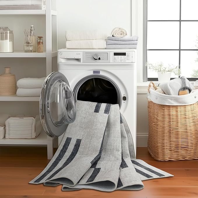 ReaLife Rugs Machine Washable Area Rug Runner - Living Room Bedroom Bathroom Kitchen Entryway Office -Non-Slip Baking Low Pile Stain Resistant Premium - Modern Geometric Loki-Beige & Black 2'6" x 6'