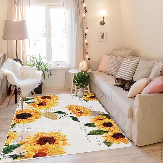 Sunflower Machine Washable Area Rug 4' x 6', Soft Non Slip Botanical Accent Floral Indoor Rugs, Vintage Rugs for Living Room Bedroom Floor Carpet Yoga Mat Home Office