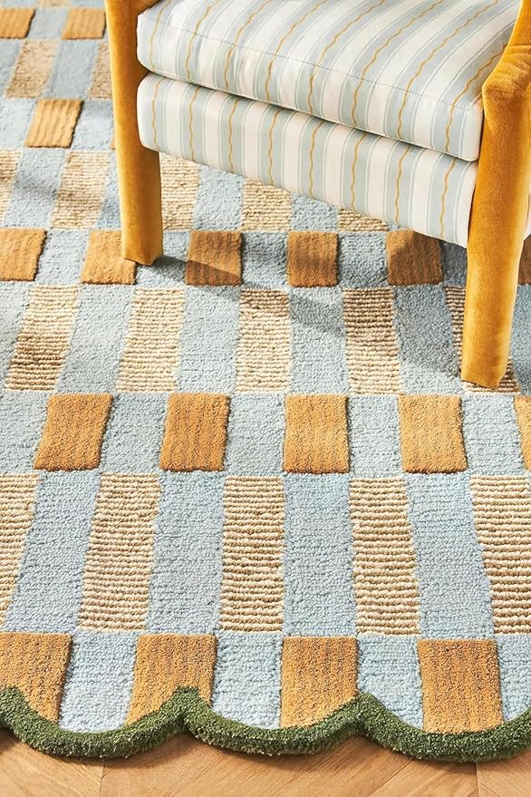 Hand-Tufted Wool Rug with Scalloped Edges, Light Blue Plaid Pattern, Cozy Soft Area Rug for Living Room, Bedroom, and Nursery, Handmade Modern Accent Rug (Blue, 4X6 FEET)