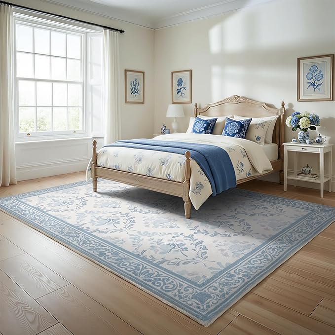 SOULFUL Medium Pile 3x5 Area Rug - Soft Underfoot Small Entryway Rug - Mist Blue Boho Floral - Washable Non-Slip - Perfect for Living Room Bedroom Foot Kids Room Reading Nook