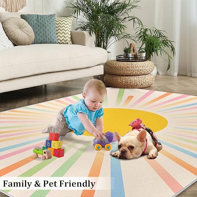 Boho Sun Area Rugs 4x5ft, Minimalist Sunburst Kids Play Rug, Abstraction Deco Throw Rugs Bedroom Fluffie Soft for Coffee Shop Living Room Under Table Game Room