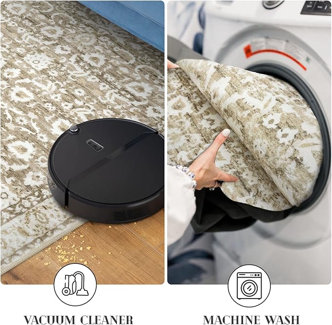 Hallway Runner Rug, Beige Tan White Washable Runner Rug 2x8 Vintage Floral Neutral Kitchen Rug Runner Non Slip Thin Printed Faux Wool Super Soft Carpet for Entryway Bedroom Laundry Room Indoor