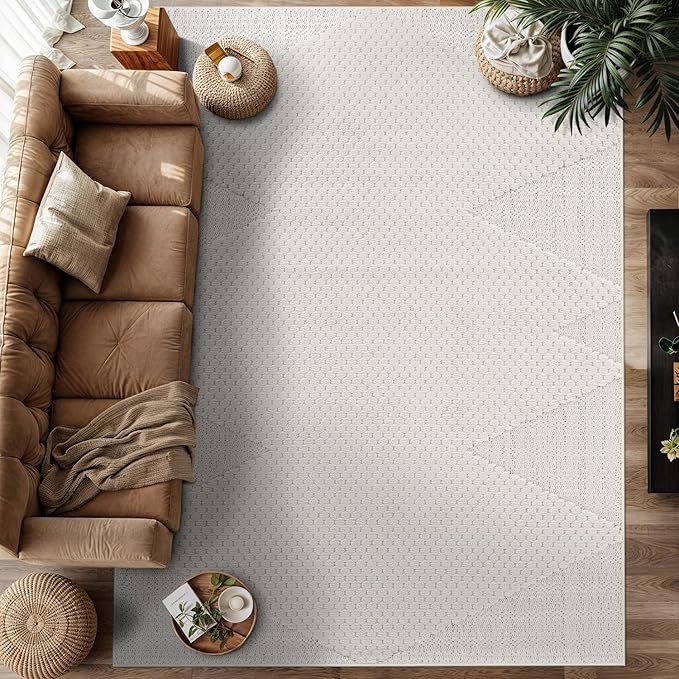 Modern Micro Loop Indoor Area Rugs for Living Room Bedroom Kitchen Geometric Triangle White 8x10 Luxury Durable Low and High Pile Non-Shedding Stain Resistant Soft Area Carpet 8 x 10