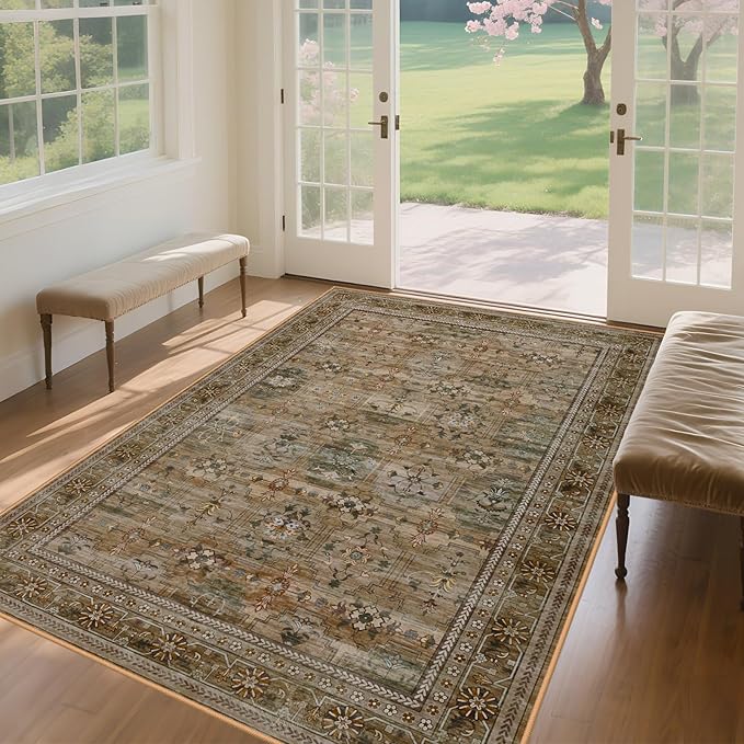 5x7 Washable Area Rug for Living Room Dining Room, Distressed Non Slip Vintage Floral Rugs for Bedroom, Traditional Indoor Floor Carpet for Dining Kitchen Farmhouse Brown with Green