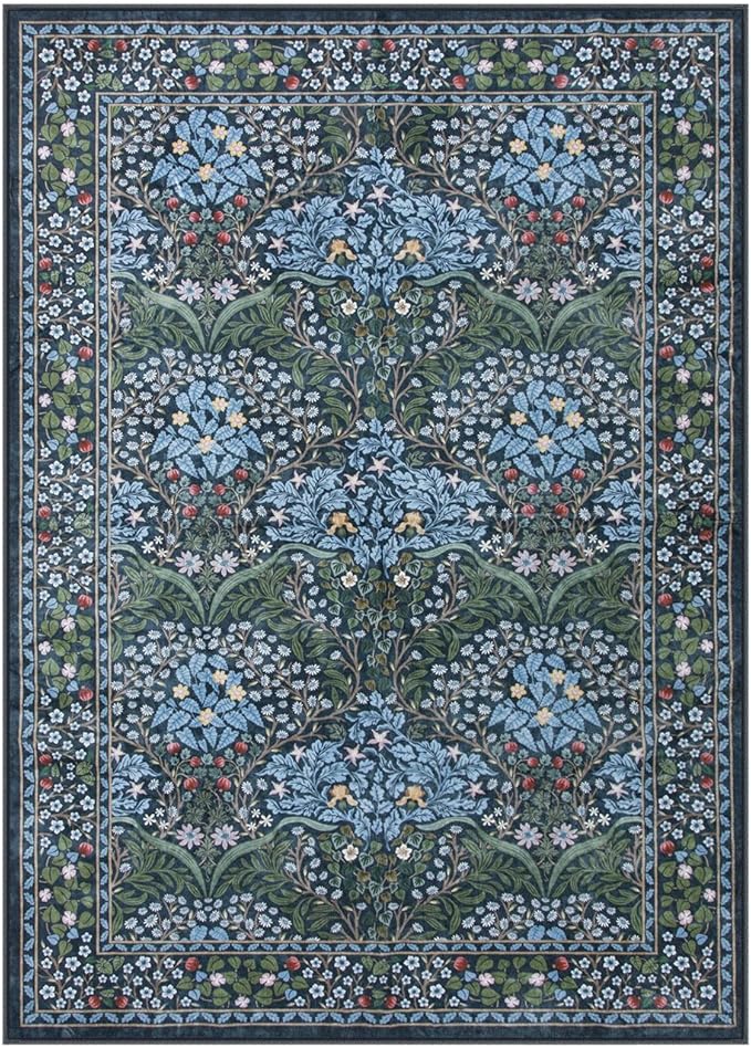 Lahome Floral Washable Area Rugs 5x7, Soft Blue Rugs for Living Room Bedroom, Boho Non Slip Low Pile Forest Stain Resistance Large Throw Carpet for Farmhouse Dining Room Office, Blue