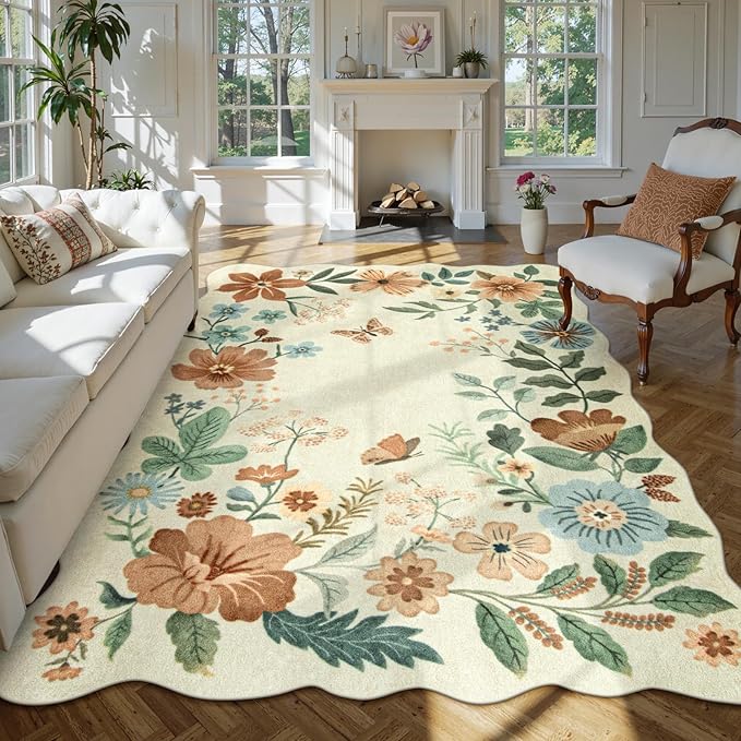 Lahome Floral Washable 6x9 Area Rugs, Soft Bedroom Rug for Living Room Ultra-Thin Non Slip Dining Room Rug, Stain Resistant Boho Rugs Easy Clean Throw Carpet for Office(6'x9',Beige)