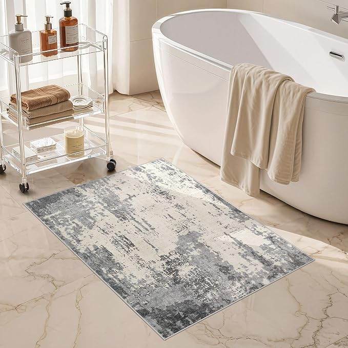 2x3 Entryway Area Rug: Washable Neutral Modern Abstract Small Rug - Non-Slip Low Pile Throw Indoor Carpet for Entrance Kitchen Front Door Mat Bathroom Entry Kids Room - Grey/Light Brown