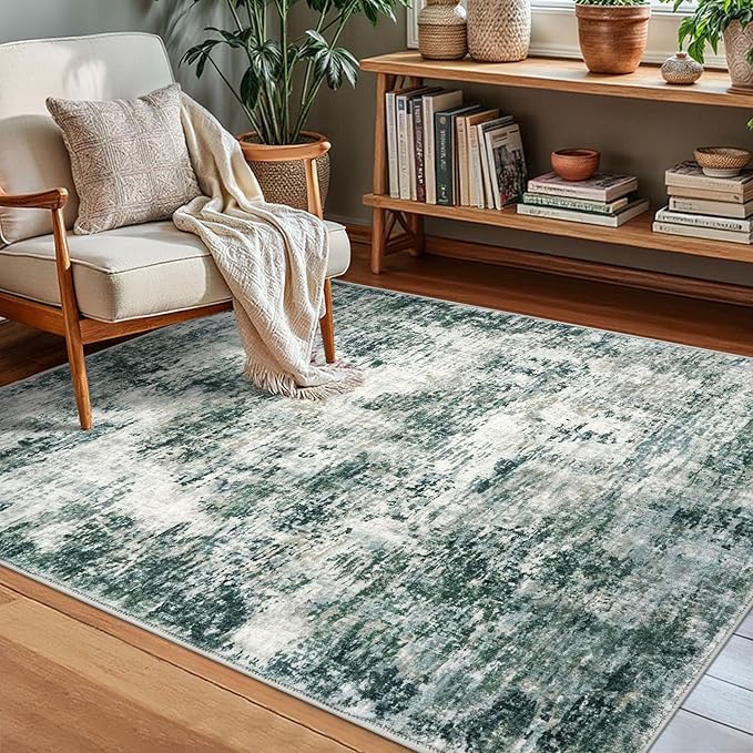 Modern Abstract Small Area Rug Indoor, Grey Green 3x5 Washable Rug Non-Slip Soft Entryway Rug Kitchen Mats Thin Print Faux Wool Floor Carpet Colorful Throw Rugs for Entrance Bedroom
