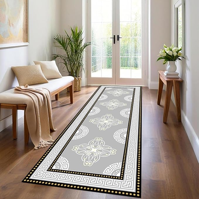 Boho Long Runners Carpet, 3.3x10ft, Modern Geometric Bohemian Print with Greek Key Grey Long Hallway Rug, Low-Profile Non Slip Rubber Backed Flat Rugs for Relax Room Entryways