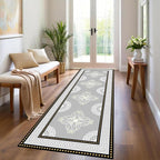 Boho Long Runners Carpet, 3.3x7ft, Modern Geometric Bohemian Print with Greek Key Grey Long Hallway Rug, Low-Profile Non Slip Rubber Backed Flat Rugs for Relax Room Entryways