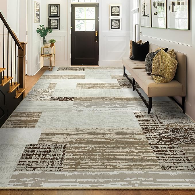 Large Area Rugs,Modern Geometric Patchwork Floor Decor for Bedroom Aesthetic Carpet, Rockwood Collection, Indoor Rugs for Living Room, Dining Room, Nursery, Office, Machine Washable Rug,4x6 Ft Beige
