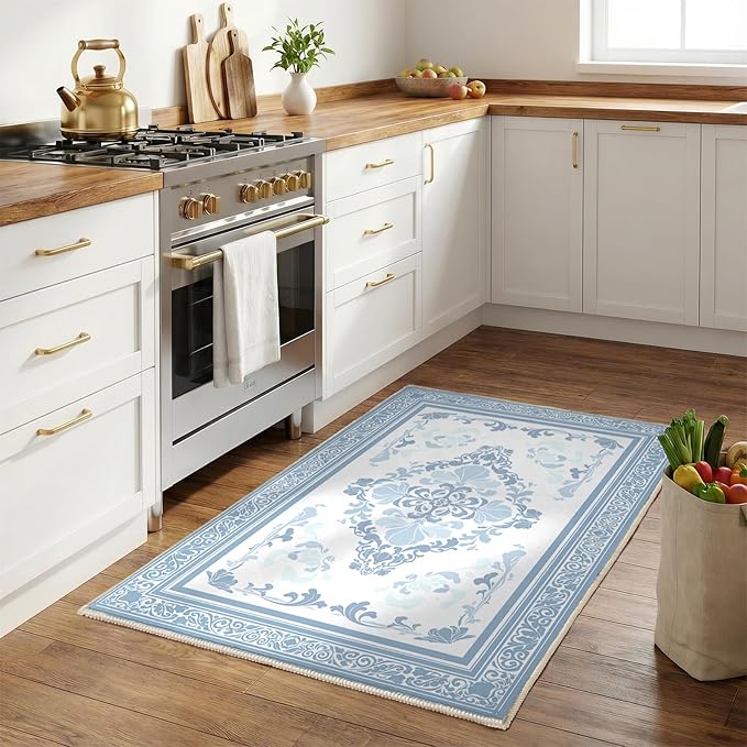 SOULFUL Medium Pile 3x5 Area Rug - Soft Foot Feel Small Entryway Rug - Mist Blue Boho Floral - Washable Non-Slip - Perfect for Living Room Bedroom Foot Kids Room Reading Nook