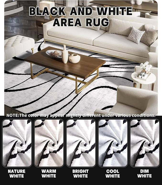 YIHOUSE Modern Area Rugs for Living Room, 9x12 Washable Black and White Rug, Thin Abstract Geometric Striped Rug, Area Rug for Bedroom,Kitchen,Dining Room,Office