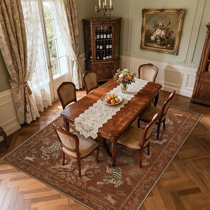Moynesa Orange 8x10 Living Room Rugs, Vintage Peacock Floral Washable Area Rugs for Bedroom Dining Room Office Study, Low Pile Soft Non-Slip Easy Care Carpets for Fall Winter Home Decor