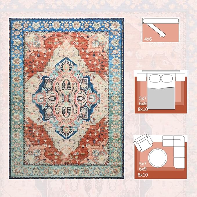 Large Area Rugs 9x12, Low Pile Washable Rugs - Soft Vintage Distressed Rugs for Living Room Bedroom, Office, Dining Room, Water Repellent & Non Shedding, Terracotta