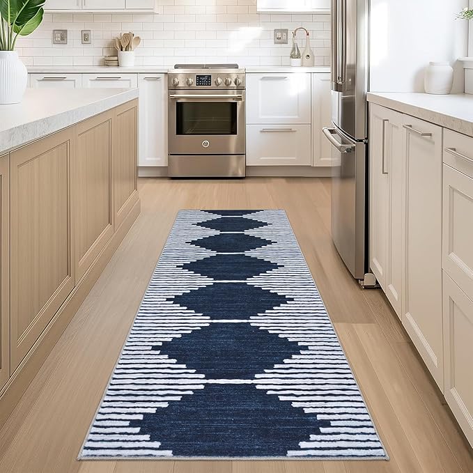 HelloTree Hallway Runner Rug，2x6 Moroccan Modern Stripe Carpet Washable Machine Bathroom Runner Bohemian Design Modern Soft Non Slip Indoor Rug for Entryway Hallway Laundry Room Bedroom-Blue