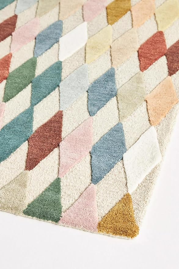 Hand-Tufted Wool Rug with Multicolor Diamond Pattern (8x11 Ft) - Modern Geometric Accent Rug for Living Room, Bedroom, or Office, Ivory Base