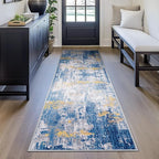 Washable Area Rugs 2'x6' Non-Slip Modern Abstract Soft for Living Room Entryway Bedroom Nursery, Print Pattern, Grey Blue Gold/Golden