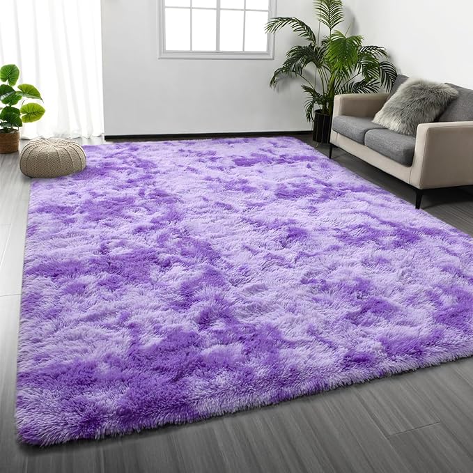 Large Shag Area Rugs 8 x 10, Tie-Dyed Plush Fuzzy Rugs for Living Room, Ultra Soft Fluffy Furry Rug for Bedroom, Indoor Carpet Nursery Rugs for Kids Room Home Decor, Purple