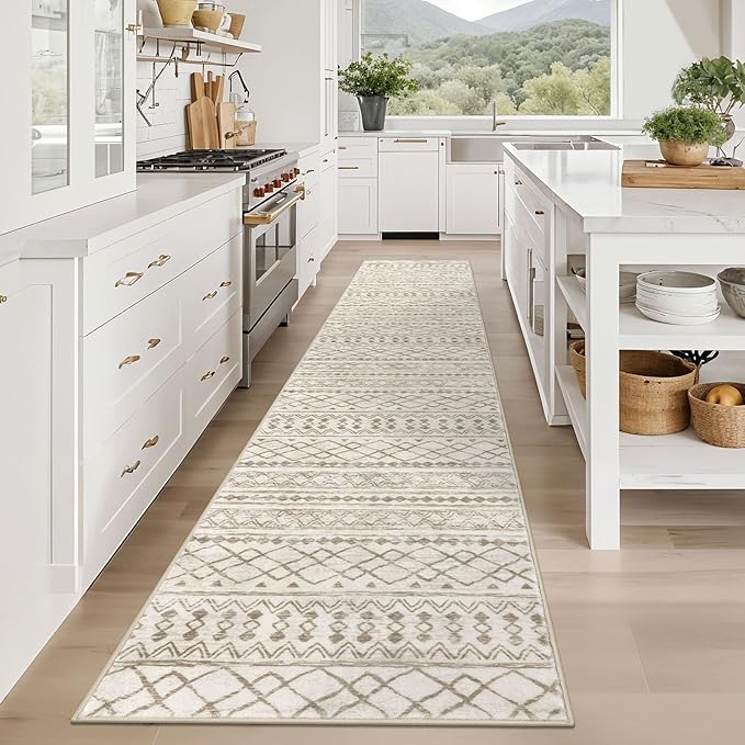 KUTA Moroccan Washable Hallway Runner Rug, 2.6x12 Non-Slip Vintage Beige Boho Kitchen Rugs Ultra Soft Distressed Geometric Floor Carpet Runners for Bedroom Laundry Living Room